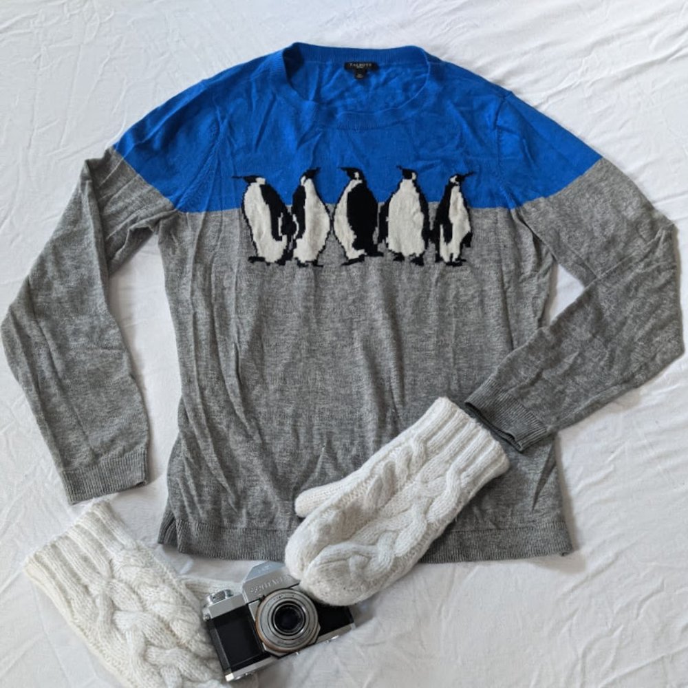 Talbots Penguin Sweater Blue Gray Crew Neck - Picture 2 of 9